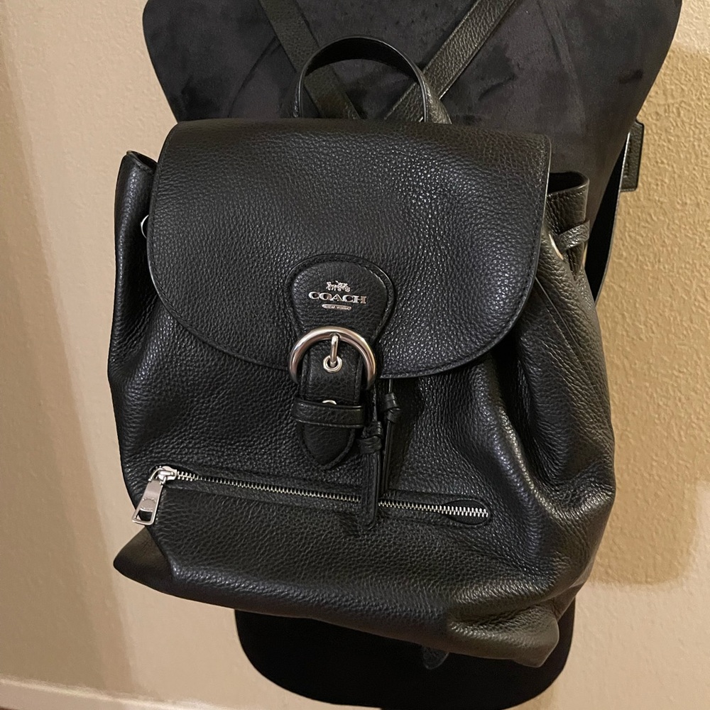 Coach Black Leather Women’s Backpack with Silver Accents